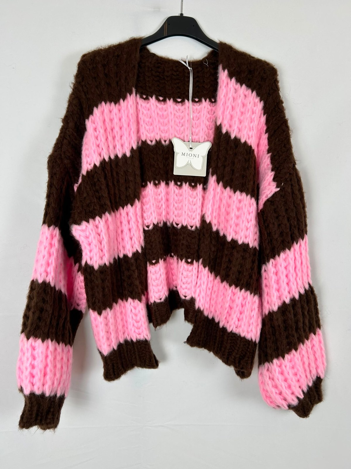 Strickjacke 'Chunky Stripes' – Braun/Rosé