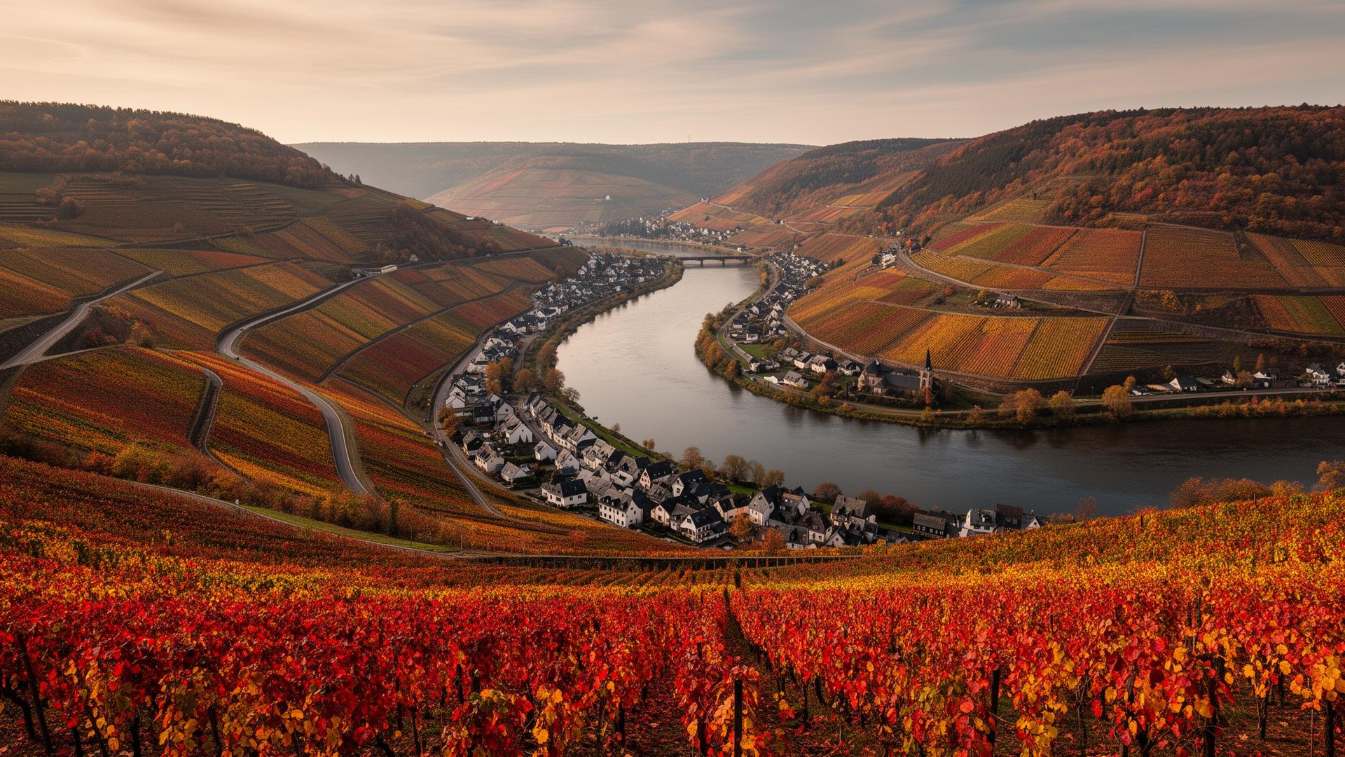 Moselschleife mit Weinbergen im Herbst