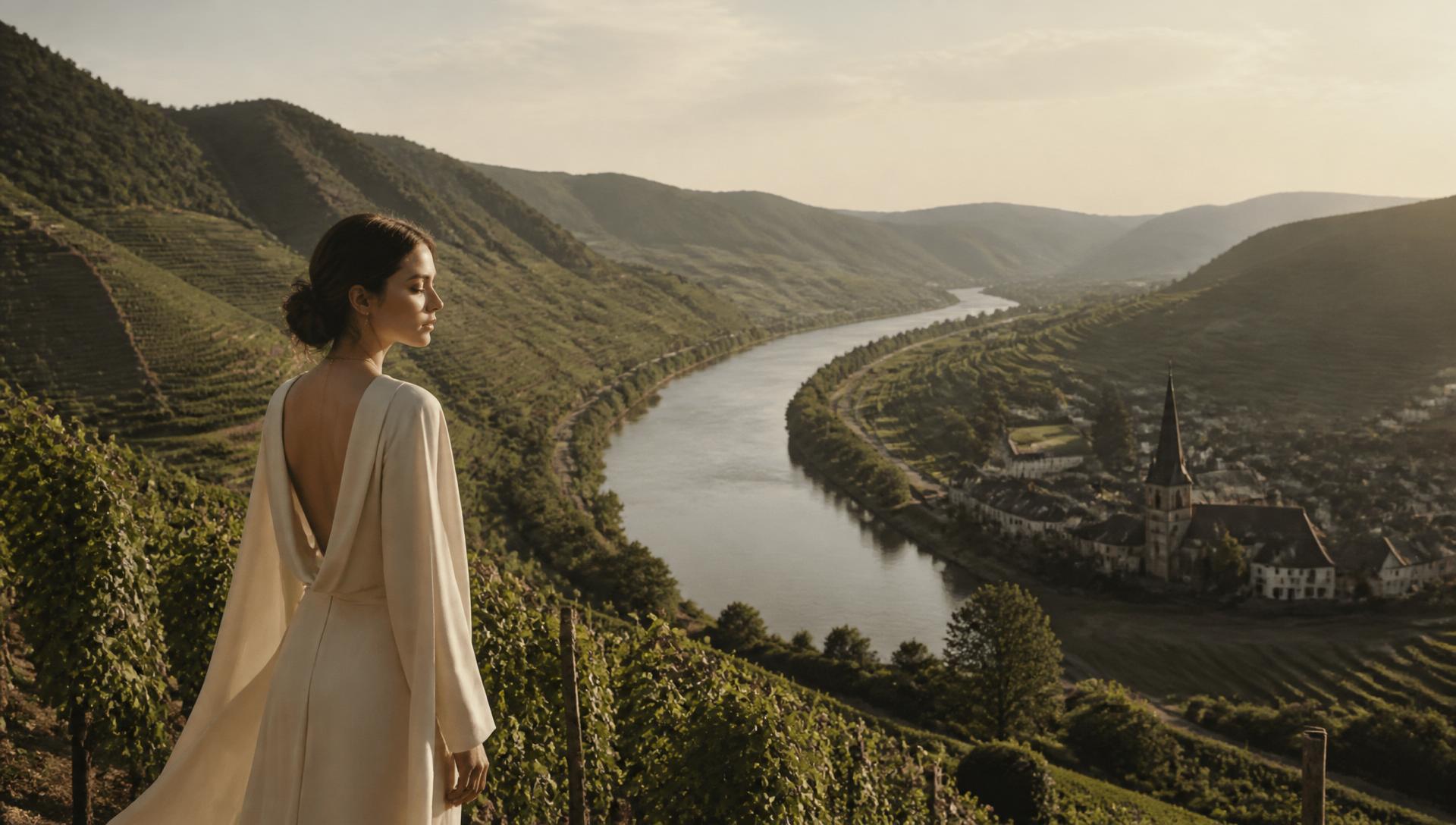 Model in cremefarbenem Kleid über den Weinbergen der Mosel